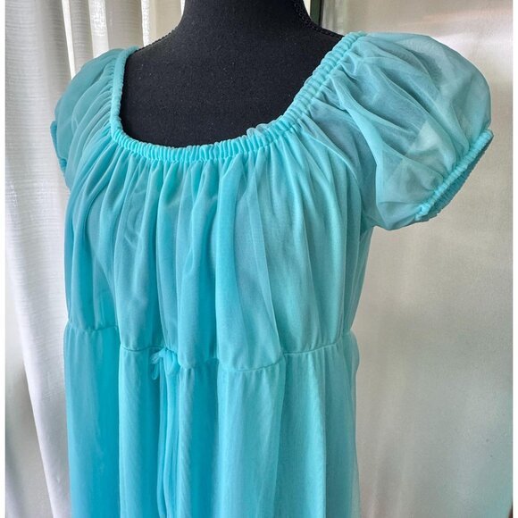 Vintage 70s negligee, teal blue, empire waist, puff sleeves nightgown - Picture 2 of 8